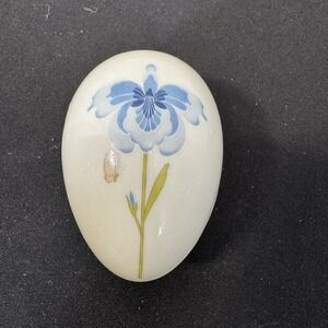 Vintage Chime Egg Shaped Ceramic White Trinket Box Blue Flowers & Pink Butterfly